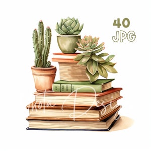 Boeken & Cactussen Clipart - 40 hoge kwaliteit JPG's - Digitale Planner, Junk Journaling, Aquarel, Commercieel Gebruik, Digitale Download, Mokken, Journal