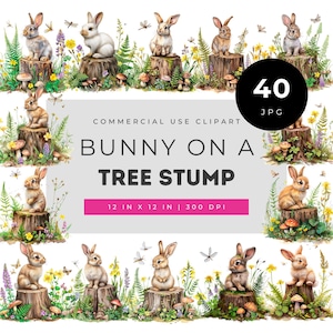 Bunny tree stump watercolor clipart, woodland rabbit illustration, forest bunny artwork, spring woodland animal art, nursery rabbit