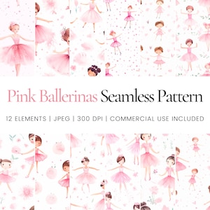 Carine carte digitali ballerina rosa, modello di ripetizione senza giunte di ballerine, sfondo, carta digitale stampabile, carta digitale per uso commerciale