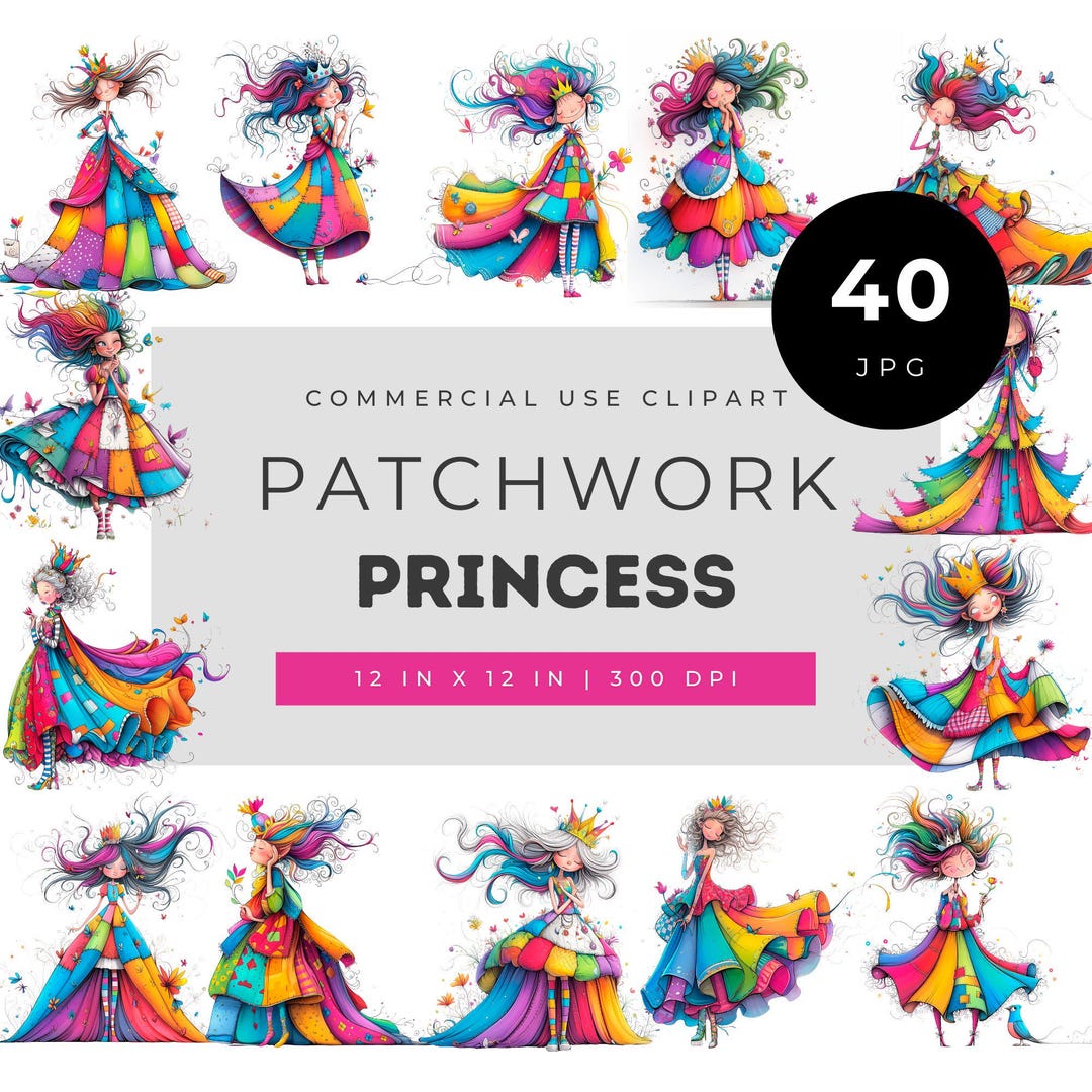 Patchwork Princess Clipart Bundle, Colorful Whimsical Watercolor Girls ...