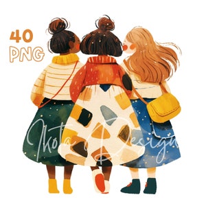 女性の友人グループのクリップアート - 40 個の高品質 PNG - デジタル プランナー、ジャンク ジャーナリング、水彩、ウォール アート、商用利用、昇華