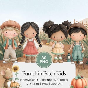 Op de afbeelding: Waterverfillustratie met vier stripkinderen in een pompoenveld. De afbeelding bevat de tekst "Pumpkin Patch Kids" en "30 PNG". De kinderen dragen herfstoutfits, met pompoenen en een muis op de voorgrond.