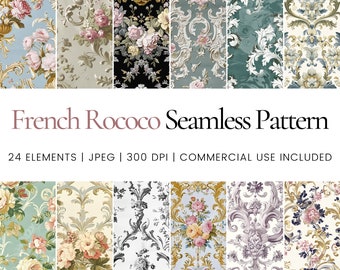 French Rococo Seamless Pattern Bundle, Vintage Baroque Floral Digital Paper for Scrapbooking, Craft Projects, Wallpapers and Elegant Design
