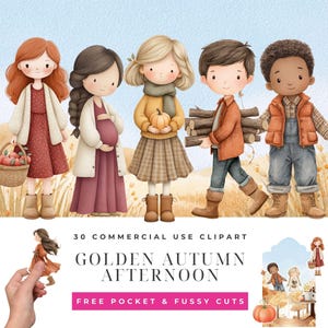Puede incluir: Ilustración en acuarela con cinco figuras de dibujos animados con atuendos otoñales. Las figuras incluyen una niña con una cesta de manzanas, una mujer embarazada, una niña sosteniendo una calabaza, un niño cargando leña y un niño con overoles. También está presente el texto "GOLDEN AUTUMN AFTERNOON".