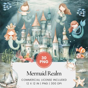 Mermaid Realm Clipart - 30 PNG - Digitale planner, junk journaling, wandkunst, commercieel gebruik, sublimatie, scrapbooking, kaarten, mok, verjaardag