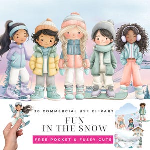 Puede incluir: Ilustración en acuarela con cinco niños con ropa de invierno, incluyendo chaquetas, gorros y botas. La imagen tiene una paleta de colores suaves y pastel con el texto "FUN IN THE SNOW" y "30 COMMERCIAL USE CLIPART".