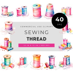 Sewing Thread Clipart Bundle for Crafters, Colorful Spool Thread Illustrations for Scrapbooking and Sewing Projects, 40 JPG Images 300 DPI