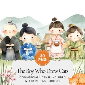 Der Junge, der Katzen zeichnete Clipart - 30 PNG - Digitaler Planer, Junk Journaling, Wandkunst, kommerzielle Nutzung, Sublimation, Scrapbooking, Szene, Karten