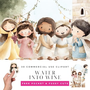 Op de afbeelding: Waterverfillustratie met een groep cartoonfiguren, waaronder Jezus en andere bijbelse personages. De figuren zijn afgebeeld in zachte kleuren en worden omringd door decoratieve elementen. De tekst "WATER INTO WINE" wordt onder de figuren weergegeven.