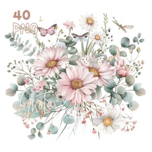 Botanische boeket clipart - 40 hoogwaardige PNG's - digitale planner, junk journaling, aquarel, kunst aan de muur, commercieel gebruik, digitale download