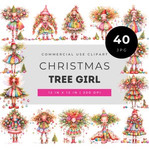 Christmas tree girl clipart bundle, whimsical watercolor characters dressed as festive Christmas trees for holiday cards, stickers & crafts