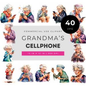 Grandma cellphone clipart set, funny senior woman smartphone illustrations, digital elderly characters, cute granny png, commercial use