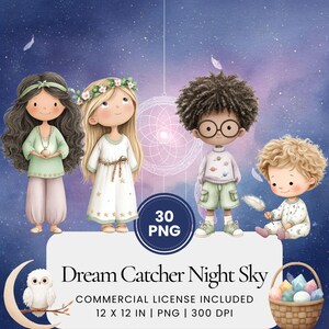 Boho Dreamcatcher Night Sky Watercolor Clipart Bundle, Pastel Stars and Feathers PNG, Spiritual Celestial Nursery Art, Mystical Design Set