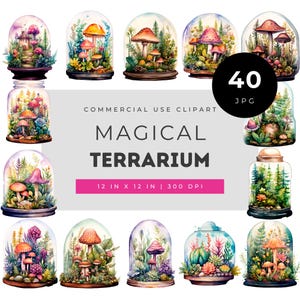 Magical Terrarium Clipart, Fairy Garden Terrarium Art, Mushroom Terrarium PNG, Enchanted Jar Clip Art, Fantasy Botanical Glass Dome