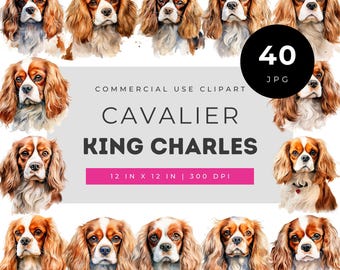 Watercolor Cavalier King Charles Spaniel Clipart Set, Realistic Dog Portrait Illustrations for Pet Lovers, Elegant Puppy Artwork