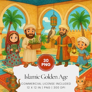 Raccolta di clipart ad acquerello dell'età dell'oro islamica, illustrazioni di studiosi arabi storici, disegni culturali antichi per l'educazione dei bambini in formato PNG