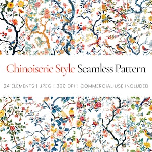 Chinoiserie Seamless Repeat Pattern, Digital Papers, Background, Tumbler Wrap, Printable, Commercial Use, Mugs, Home Decor, Junk Journal