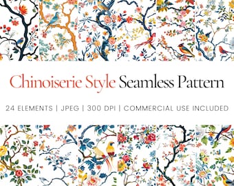 Chinoiserie sömlöst mönsterpaket, vintage orientalisk blommig fågel digitalt papperspaket, eleganta botaniska tapettryck, utskrivbar design