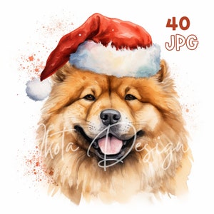 クリスマス チャウチャウ犬のクリップアート - 40 枚の高品質 JPG - デジタル プランナー、ジャンク ジャーナリング、水彩、商用利用、デジタル ダウンロード