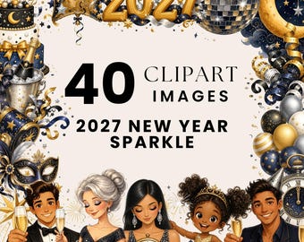 New Years Eve Clipart, Party Watercolor 2027, New Year Illustrations, Champagne Confetti Fireworks, Countdown Clock Bundle, Commercial Use