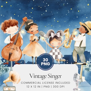 Clipart de cantor vintage - 30 PNG - Planejador digital, diário de lixo, uso comercial, sublimação, scrapbooking, cartões, adesivos, cena, canecas