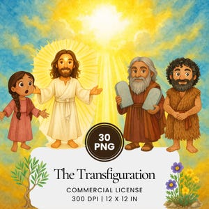 Può includere: Illustrazione digitale di una scena religiosa con figure in abiti e una luce intensa. Il testo "The Transfiguration" è visualizzato in basso, insieme a "30 PNG" in un badge circolare. L'immagine misura 30,48 x 30,48 cm.