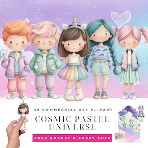 May include: A digital illustration featuring five cartoon characters in pastel outfits. The characters include a boy with orange hair holding a bird, and a girl with a unicorn horn. The text "COSMIC PASTEL UNIVERSE" is displayed below the characters.