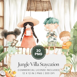 Jungle Villa Staycation Clipart - 30 PNG - Digitale planner, junk journaling, commercieel gebruik, sublimatie, scrapbooking, kaart, sticker, scène