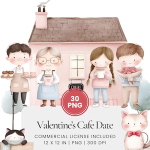 Puede incluir: Un conjunto de 30 ilustraciones digitales que representan un café rosa con un techo marrón, una pareja en una cita y un gato con una pajarita. Las ilustraciones están en estilo acuarela y son perfectas para el Día de San Valentín.