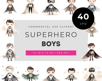 Superhero boys clipart bundle, cute little hero png set, watercolor kids in capes illustration, comic adventure character art graphics pack
