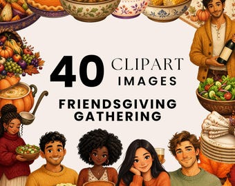 Friendsgiving Clipart, Thanksgiving Feast, Fall Gathering Illustrations, Watercolor Autumn Friends Bundle, Cornucopia Pie, Commercial Use