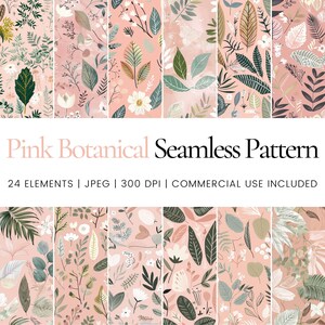Puede incluir: Un conjunto de 24 patrones digitales sin costuras con fondos rosas y diversas ilustraciones botánicas en tonos verdes, marrones y blancos. El texto "Pink Botanical Seamless Pattern" se muestra en la parte superior de la imagen.