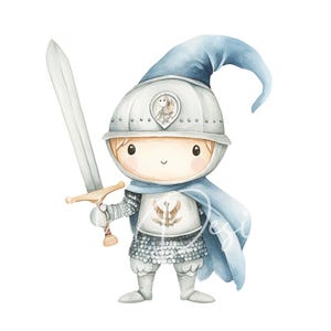 May include: A watercolor illustration of a cute knight wearing blue and silver armor, a blue cape, and a helmet with a small bird design. The knight is holding a sword in his right hand.
