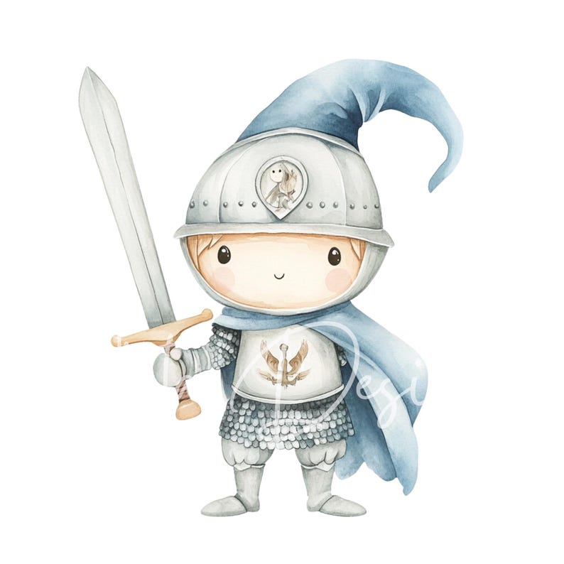 May include: A watercolor illustration of a cute knight wearing blue and silver armor, a blue cape, and a helmet with a small bird design. The knight is holding a sword in his right hand.