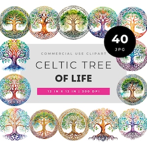 Celtic Tree of Life Clipart, Watercolor Knotwork JPG, Colorful Irish Pagan Symbol, Tattoo Wall Art Sublimation, Yoga Studio, Commercial Use