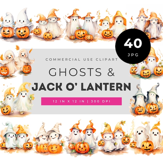 Ghosts and jack o lantern clipart set, cute halloween watercolor ghost pumpkin art for invitations kids crafts stickers and decor