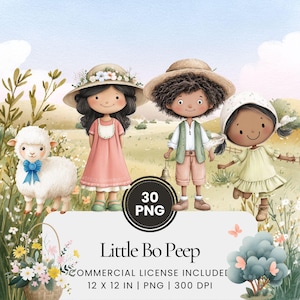 Little Bo Peep nursery rhyme watercolor clipart, pastel sheep PNG bundle, baby girl illustration pack, vintage storybook graphics, cute lamb