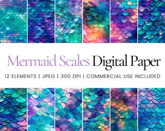 May include: Twelve digital papers featuring mermaid scales in various shades of blue, purple, and pink with gold accents. The papers are 300 DPI and suitable for commercial use.