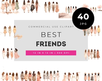 Best Friends Clipart, Watercolor Women Walking Back View, Boho Girlfriends Group, Sisterhood BFF Gift Wall Art, Galentines, Commercial Use