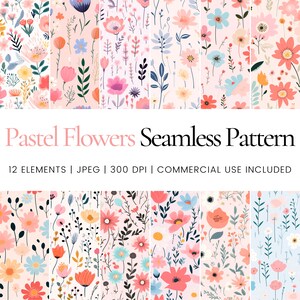 Puede incluir: Un conjunto de 12 patrones sin costuras con flores pastel en varios colores y estilos. Los patrones son perfectos para el scrapbooking digital, la artesanía y otros proyectos creativos.  "Pastel Flowers Seamless Pattern" y "12 ELEMENTS | JPEG | 300 DPI | COMMERCIAL USE INCLUDED" están escritos en blanco sobre fondo blanco.