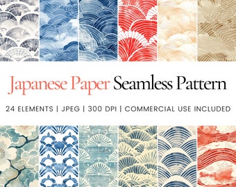 Puede incluir: Un conjunto de 24 patrones digitales sin costuras con diseños de inspiración japonesa. Los patrones incluyen varias formas geométricas, olas y motivos florales en tonos azules, rojos, beige y crema.