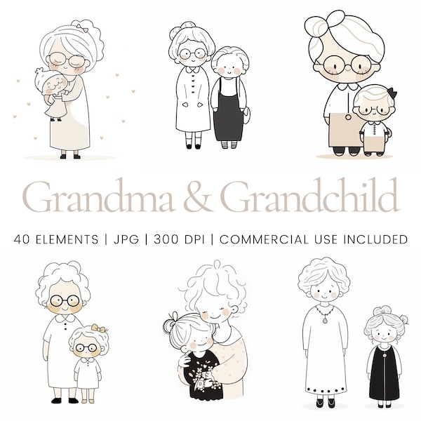 Oma & kleinkind clipart - 40 hoge kwaliteit JPG's - digitale planner, junk journaling, kunst aan de muur, commercieel gebruik, digitale download