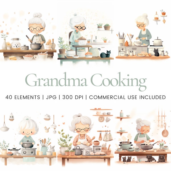 Grandma Cooking Clipart - 40 High Quality JPGs - Digital Planner, Junk Journaling, Wall Art, Commercial Use, Digital Download, Mugs, Apparel