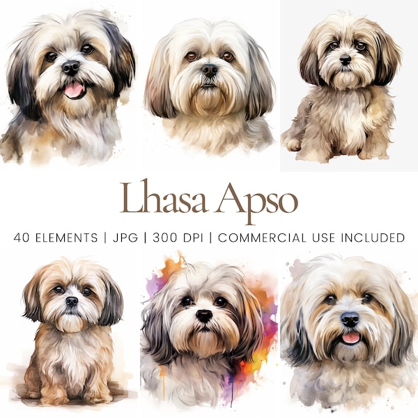 Lhasa Apso Clipart - 40 High Quality JPGs - Digital Planner, Junk Journaling, Watercolor, Wall Art, Commercial Use, Digital Download, Mugs