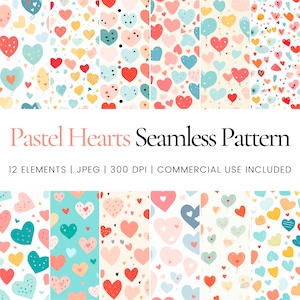 Puede incluir: Doce patrones sin costuras con corazones pastel en varios colores y estilos. Los patrones son perfectos para agregar un toque de fantasía a cualquier proyecto.
