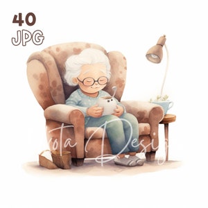 Sleepy Grandma Clipart - 40 High Quality JPG - Digital Planner, Junk Journaling, Minimalistic, Wall Art, Commercial Use, Digital Download