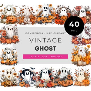 Vintage Ghost Clipart PNG, Cute Retro Halloween Ghosts with Pumpkins and Flowers, Spooky Cute Watercolor, Fall Stickers, Commercial Use