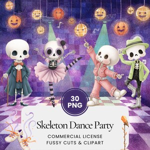 Puede incluir: Una ilustración digital de una fiesta de baile de esqueletos. Cuatro esqueletos visten varios atuendos, incluyendo un esmoquin, un atuendo de bailarina, un mono rosa y un traje verde. El fondo presenta calabazas colgantes y el texto "Skeleton Dance Party".