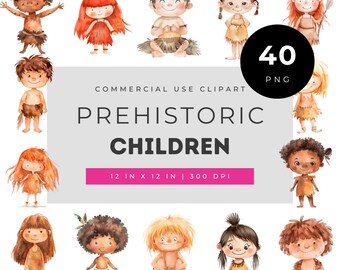 Prehistoric children clipart set cute stone age kids watercolor illustration bundle caveman characters art printable design pack for crafts