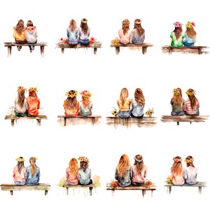 K&ouml;nnte beinhalten: Aquarell-Illustration von 10 Paaren von Freunden, die auf B&auml;nken sitzen. Jedes Paar tr&auml;gt Blumenkr&auml;nze und h&auml;lt sich an den H&auml;nden. Die Freunde tragen alle verschiedene Outfits und haben verschiedene Frisuren. Der Hintergrund ist wei&szlig;.